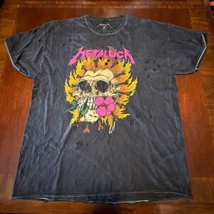 Metallica Flaming Skull Flower Graphic T-Shirt Oversized Distressed Black OS
